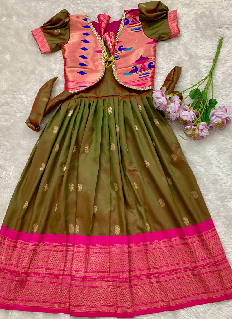 Evanik Green Soft Paithani Silk Zari Weaving Pavadai For Kids Gown & Koti | Grocsy