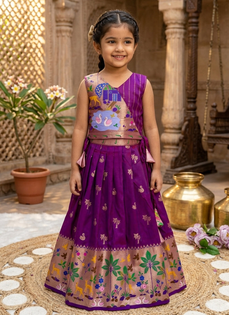 Evanik Purple Soft Silk Paithani Design Zari Weaving Pavadai Lehenga Choli For Kids | Grocsy