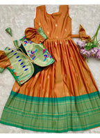 Evanik Orange Soft Paithani Silk Zari Weaving Pavadai For Kids Gown & Koti | Grocsy