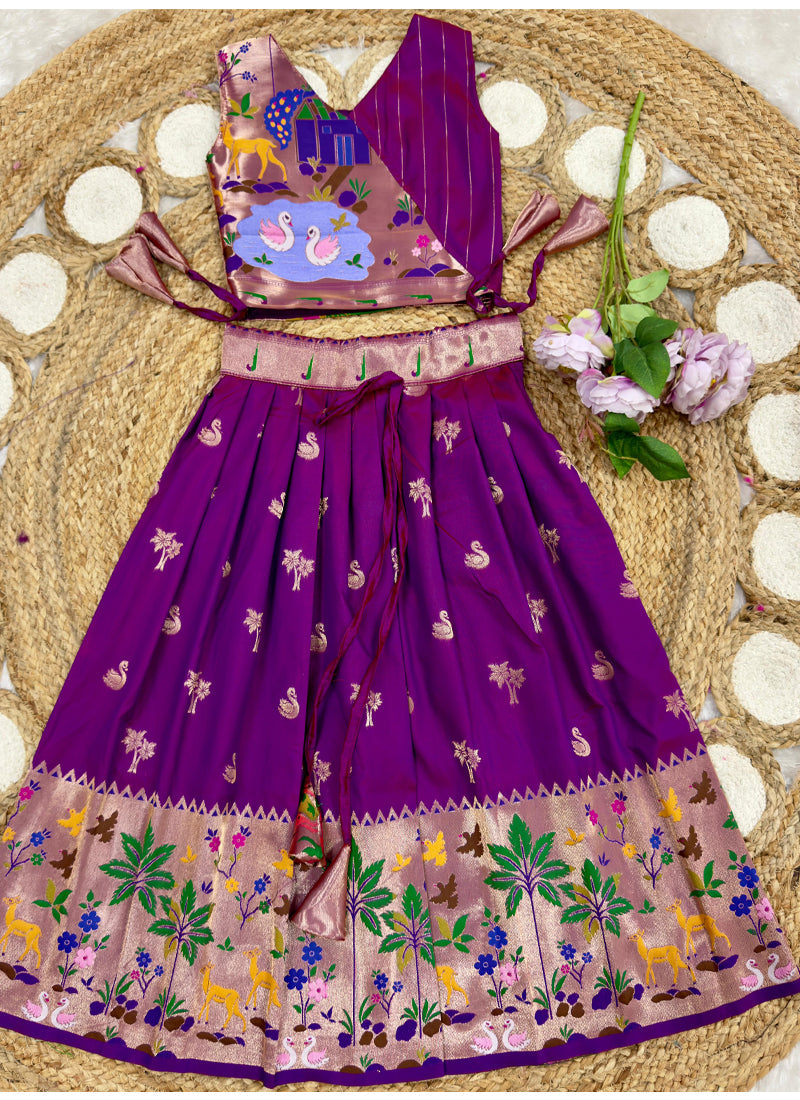 Evanik Purple Soft Silk Paithani Design Zari Weaving Pavadai Lehenga Choli For Kids | Grocsy