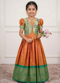 Evanik Orange Soft Paithani Silk Zari Weaving Pavadai For Kids Gown & Koti | Grocsy