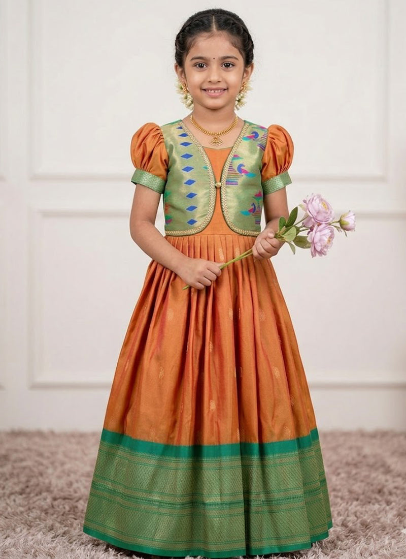 Evanik Orange Soft Paithani Silk Zari Weaving Pavadai For Kids Gown & Koti | Grocsy
