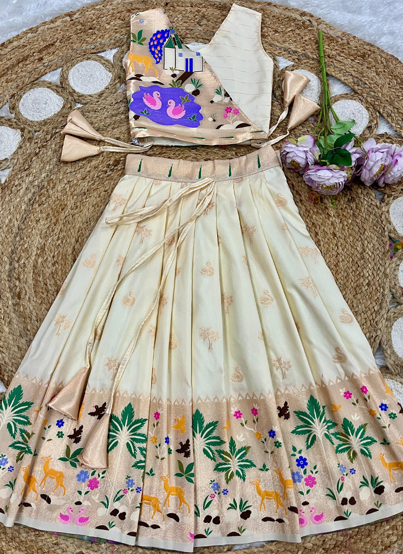 Evanik White Soft Silk Paithani Design Zari Weaving Pavadai Lehenga Choli For Kids | Grocsy