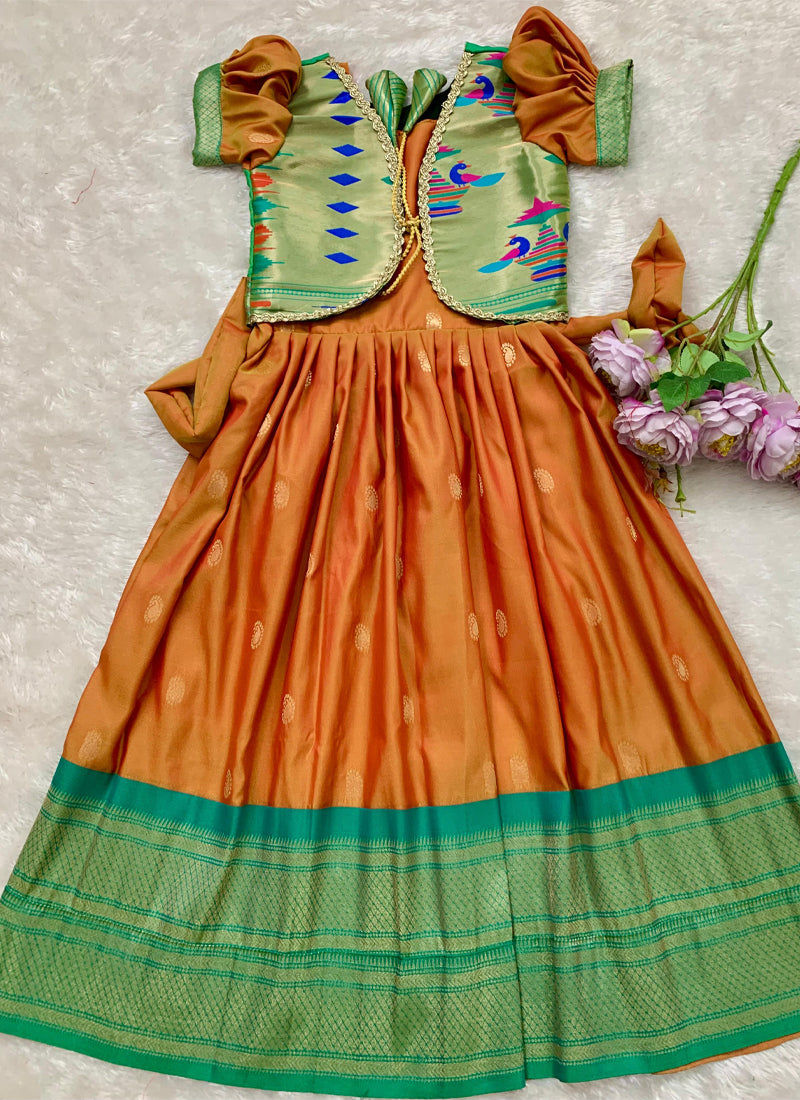 Evanik Orange Soft Paithani Silk Zari Weaving Pavadai For Kids Gown & Koti | Grocsy