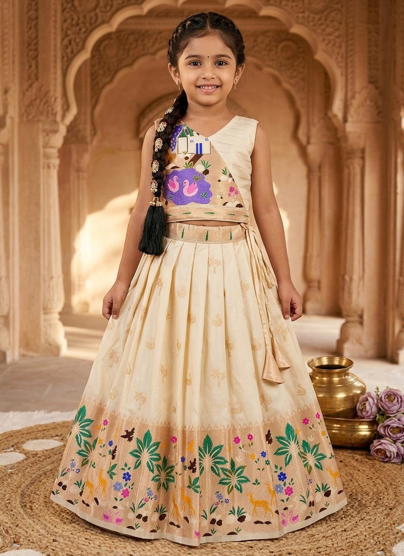 Evanik White Soft Silk Paithani Design Zari Weaving Pavadai Lehenga Choli For Kids | Grocsy