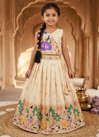 Evanik White Soft Silk Paithani Design Zari Weaving Pavadai Lehenga Choli For Kids | Grocsy