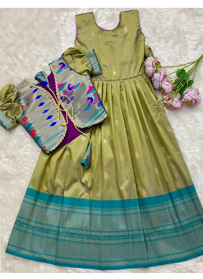 Evanik Green Soft Paithani Silk Zari Weaving Pavadai For Kids Gown & Koti | Grocsy