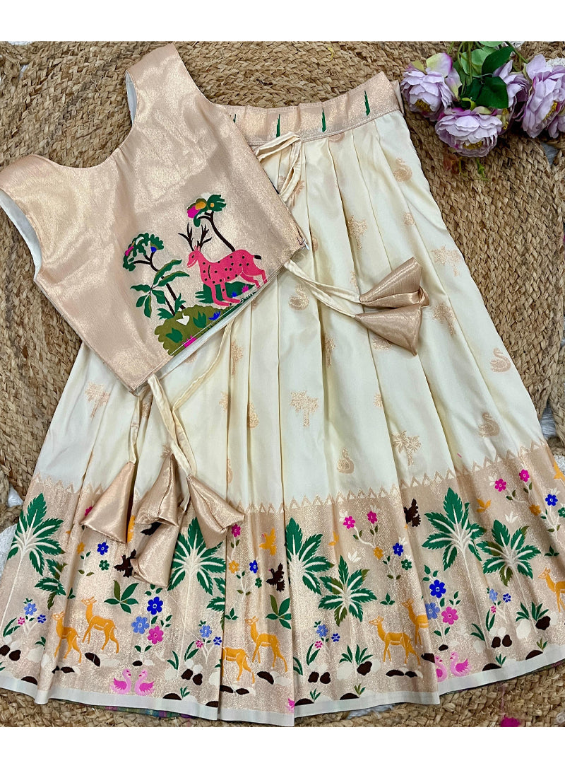 Evanik White Soft Silk Paithani Design Zari Weaving Pavadai Lehenga Choli For Kids | Grocsy