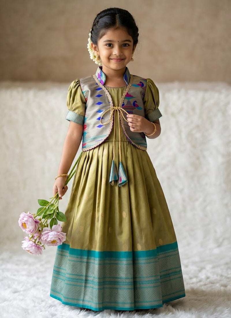 Evanik Green Soft Paithani Silk Zari Weaving Pavadai For Kids Gown & Koti | Grocsy