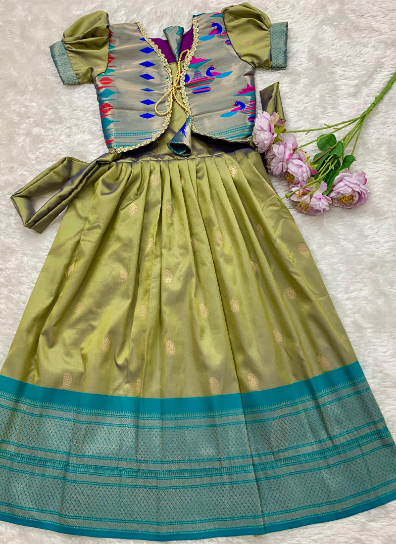 Evanik Green Soft Paithani Silk Zari Weaving Pavadai For Kids Gown & Koti | Grocsy