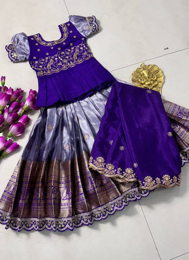 Evanik Kids Purple Simmer Silk Zari Weaving Pavadai Lehenga Choli Set | Grocsy