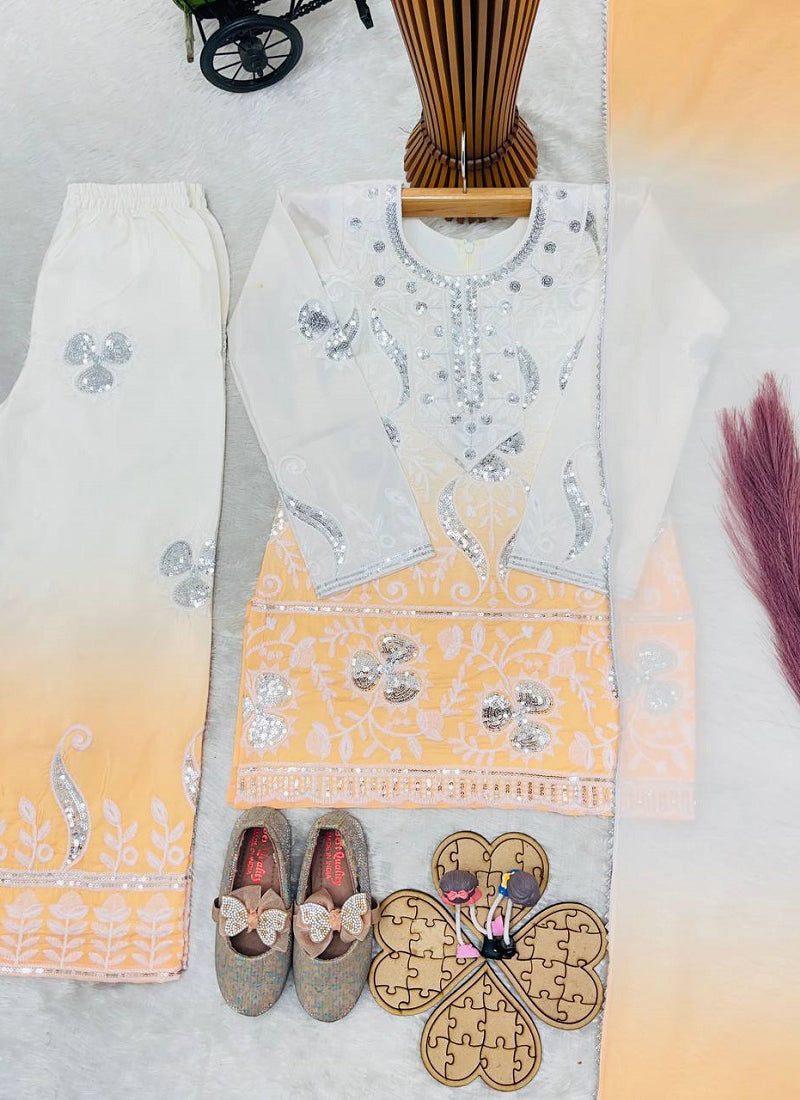Evanik Yellow Designer Party Wear Heavy Natural Crepe Kids Top Palazzo & Dupatta Set | Grocsy