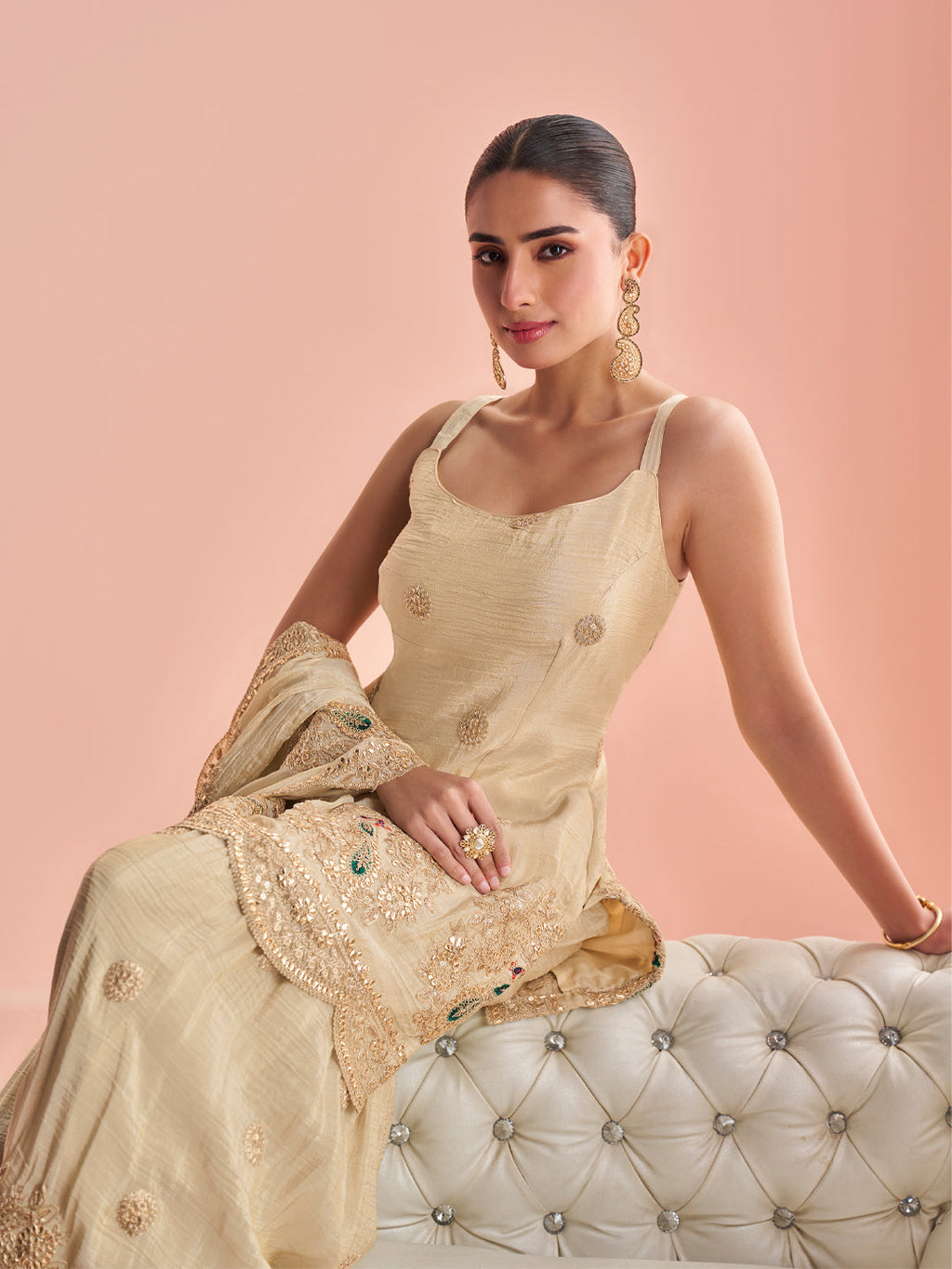 Evanik Cream Cosmos with Coding Sequence With thread Work Palazzo Set | Grocsy