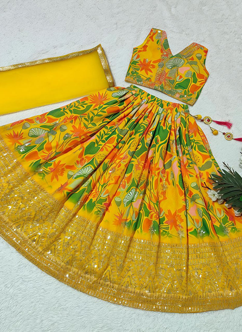 Evanik Yellow Georgette Digital Printed Wedding Kids Lehenga Choli | Grocsy