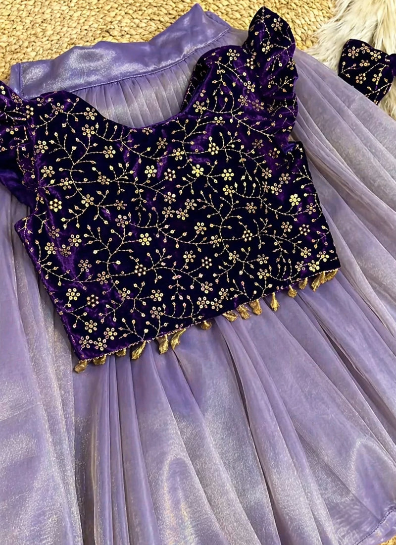 Evanik Purple Premium Micro Velvet Sequence Work Kids Lehenga Choli | Grocsy