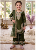 Evanik Green Kids Festival Wear Black Embroidered Silk Kurta Palazzo Set | Grocsy