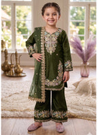 Evanik Green Kids Festival Wear Black Embroidered Silk Kurta Palazzo Set | Grocsy