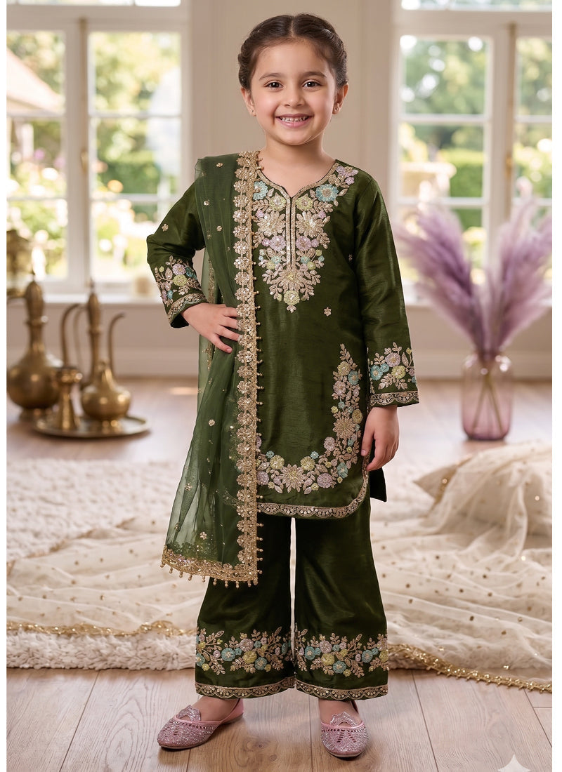 Evanik Green Kids Festival Wear Black Embroidered Silk Kurta Palazzo Set | Grocsy