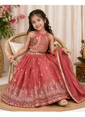 Evanik Kids Girls Pink Embroidered Silk Lehenga Choli Set with Dupatta | Grocsy