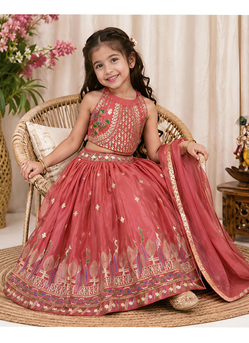 Evanik Kids Girls Pink Embroidered Silk Lehenga Choli Set with Dupatta | Grocsy
