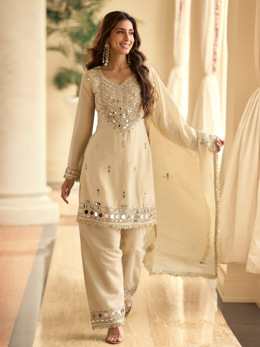 Evanik Cream Silk Blend Mirror Embroidery Work Kurti Palazzo Set With Dupatta | Grocsy