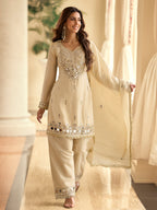 Evanik Cream Silk Blend Mirror Embroidery Work Kurti Palazzo Set With Dupatta | Grocsy