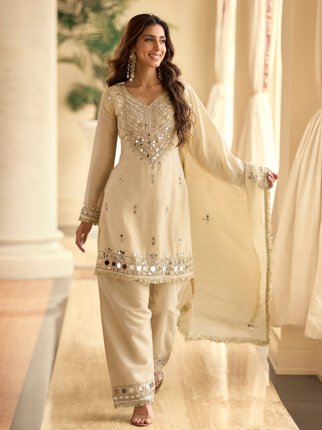 Evanik Cream Silk Blend Mirror Embroidery Work Kurti Palazzo Set With Dupatta | Grocsy