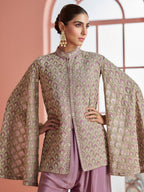 Evanik Women Mauve & Gold Printed Cape Style Kurta With Flared Palazzo Pants | Grocsy