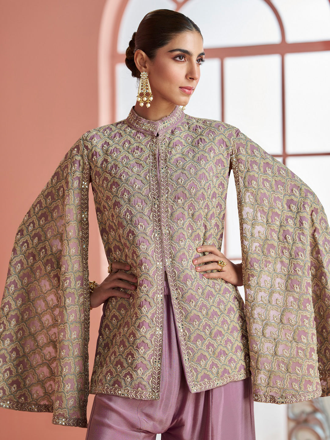 Evanik Women Mauve & Gold Printed Cape Style Kurta With Flared Palazzo Pants | Grocsy