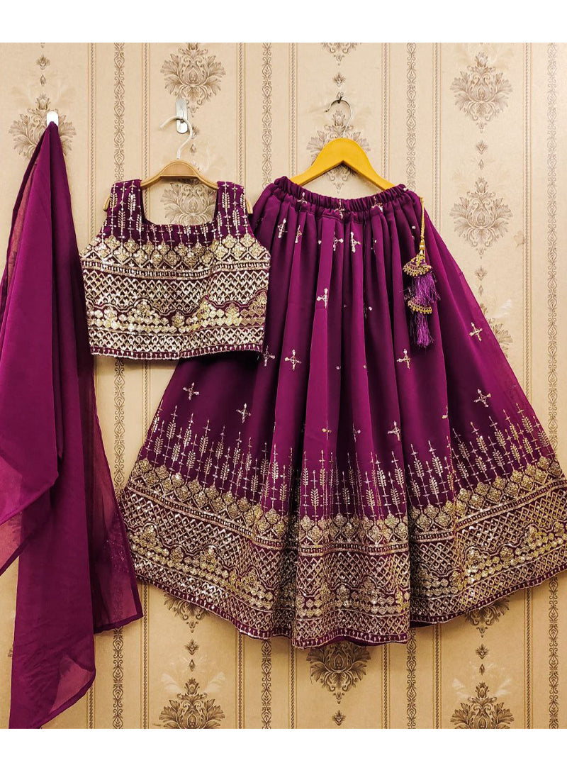 Evanik Purple Designer Georgette Embroidered Work Wedding Lehenga Choli For Kids | Grocsy