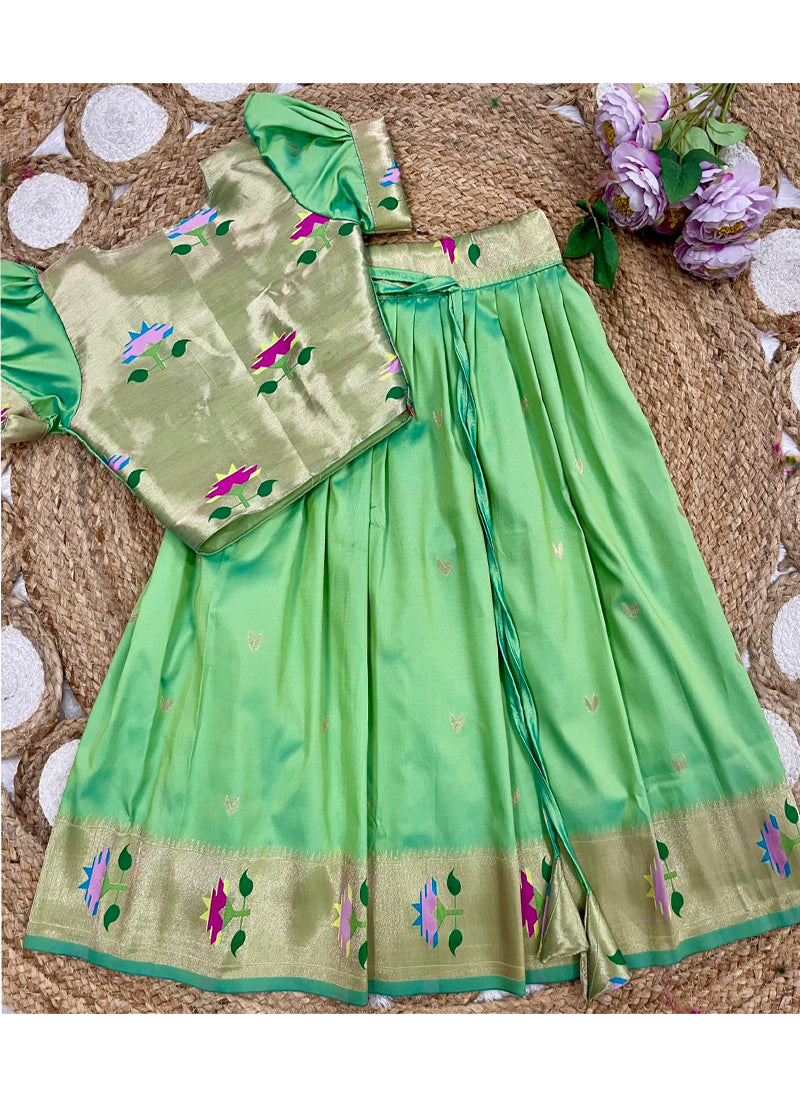 Evanik Green Soft Silk Paithani Design Zari Weaving Pavadai Lehenga Choli For Kids | Grocsy