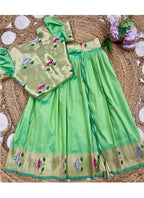 Evanik Green Soft Silk Paithani Design Zari Weaving Pavadai Lehenga Choli For Kids | Grocsy