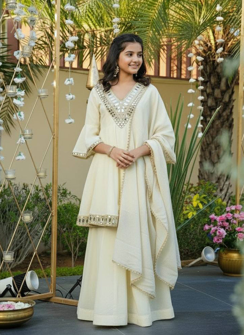 Evanik Beige Heavy Cosmos Zari Silk Real Mirror Work Kids Sharara Set | Grocsy