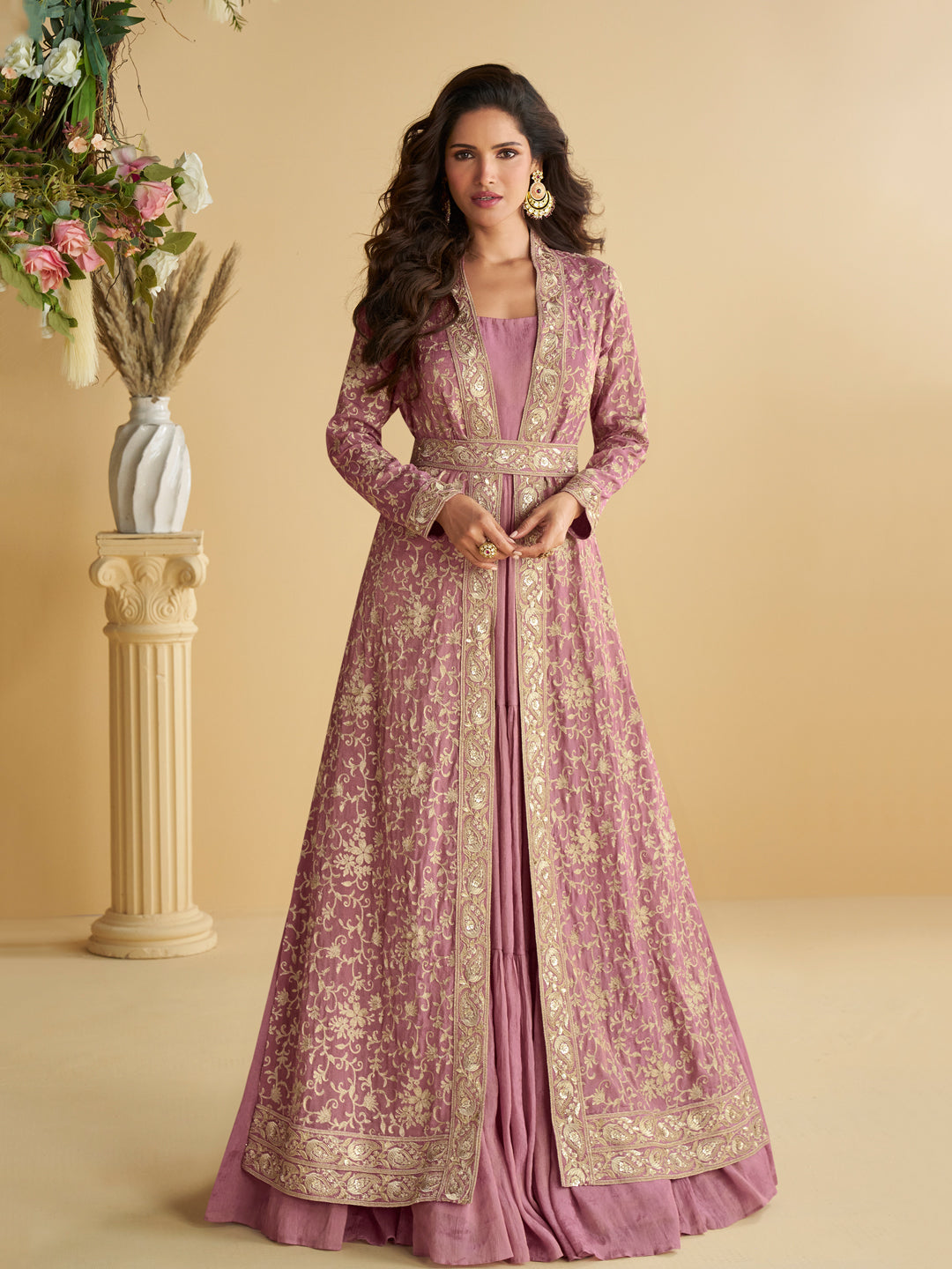 Evanik Pink Chinon Silk With Embroidered Work Gown With Shrug & Belt | Grocsy