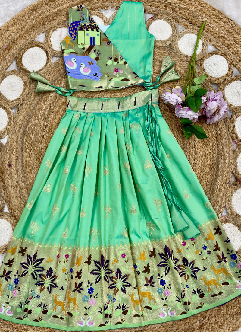 Evanik Green Soft Silk Paithani Design Zari Weaving Pavadai Lehenga Choli For Kids | Grocsy