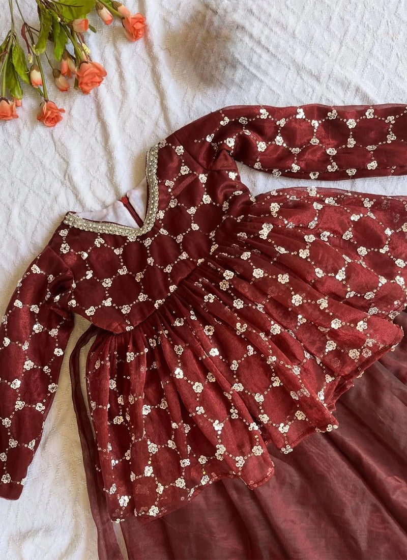 Evanik Maroon Embroidered Work Kids Twill Net Lehenga Choli Set | Grocsy