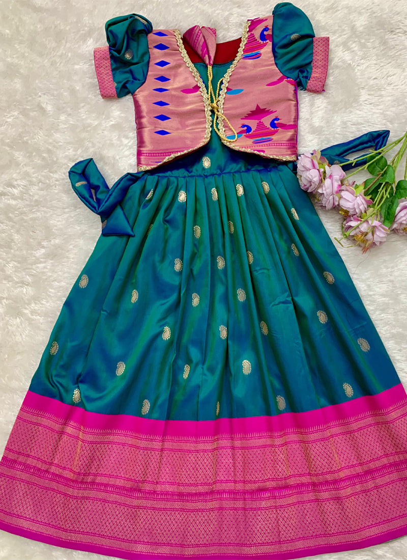 Evanik Blue Soft Paithani Silk Zari Weaving Pavadai For Kids Gown & Koti | Grocsy