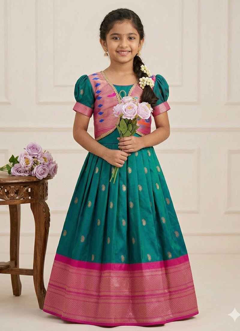 Evanik Blue Soft Paithani Silk Zari Weaving Pavadai For Kids Gown & Koti | Grocsy