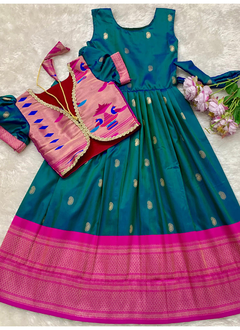 Evanik Blue Soft Paithani Silk Zari Weaving Pavadai For Kids Gown & Koti | Grocsy
