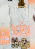 Evanik Peach Designer Party Wear Heavy Natural Crepe Kids Top Palazzo & Dupatta Set | Grocsy