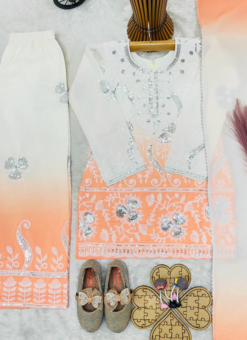Evanik Peach Designer Party Wear Heavy Natural Crepe Kids Top Palazzo & Dupatta Set | Grocsy