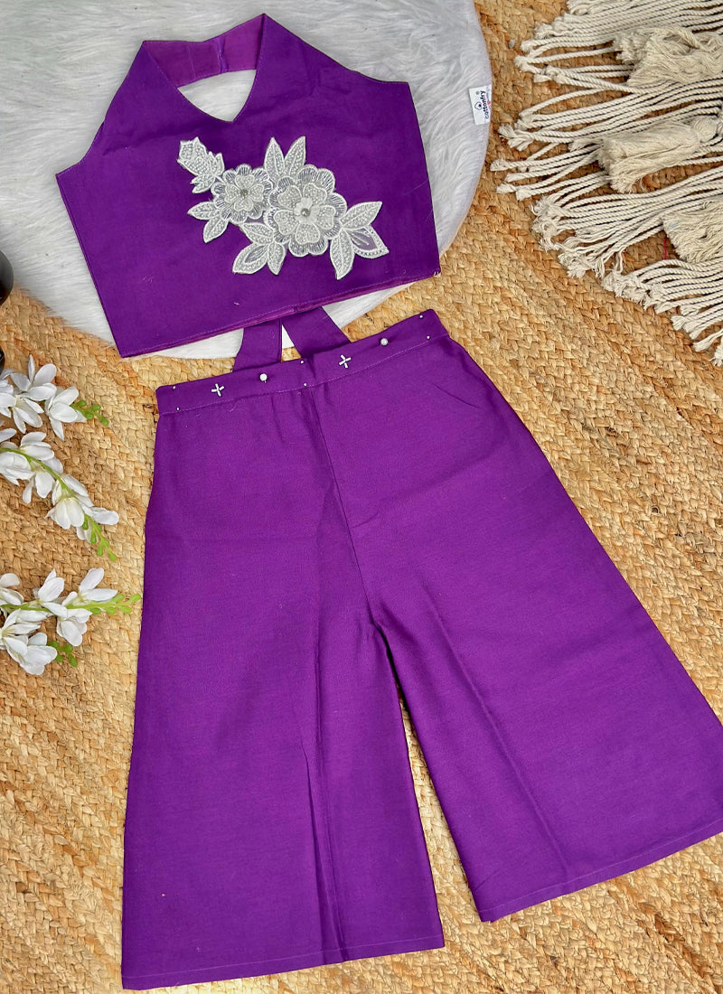Evanik Purple Pure Khadi Cotton With Patch Work Kids Summer Co-Ord Set | Grocsy