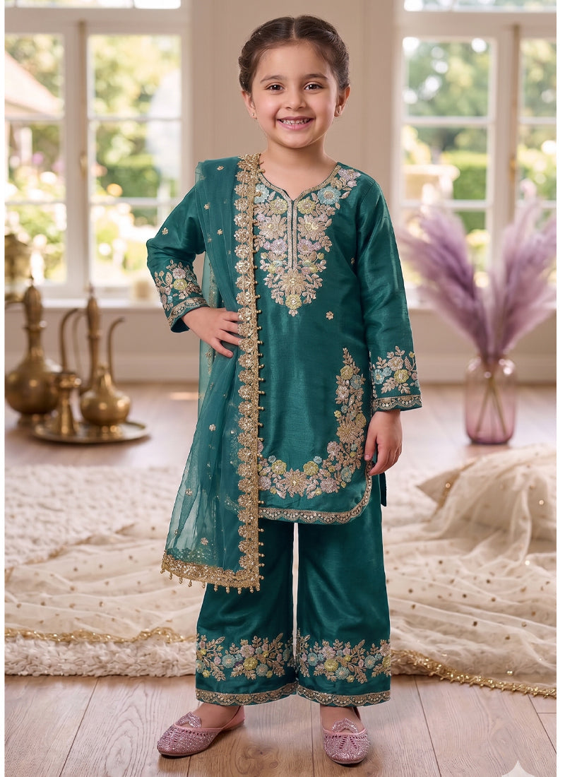 Evanik Turquoise Kids Festival Wear Black Embroidered Silk Kurta Palazzo Set | Grocsy