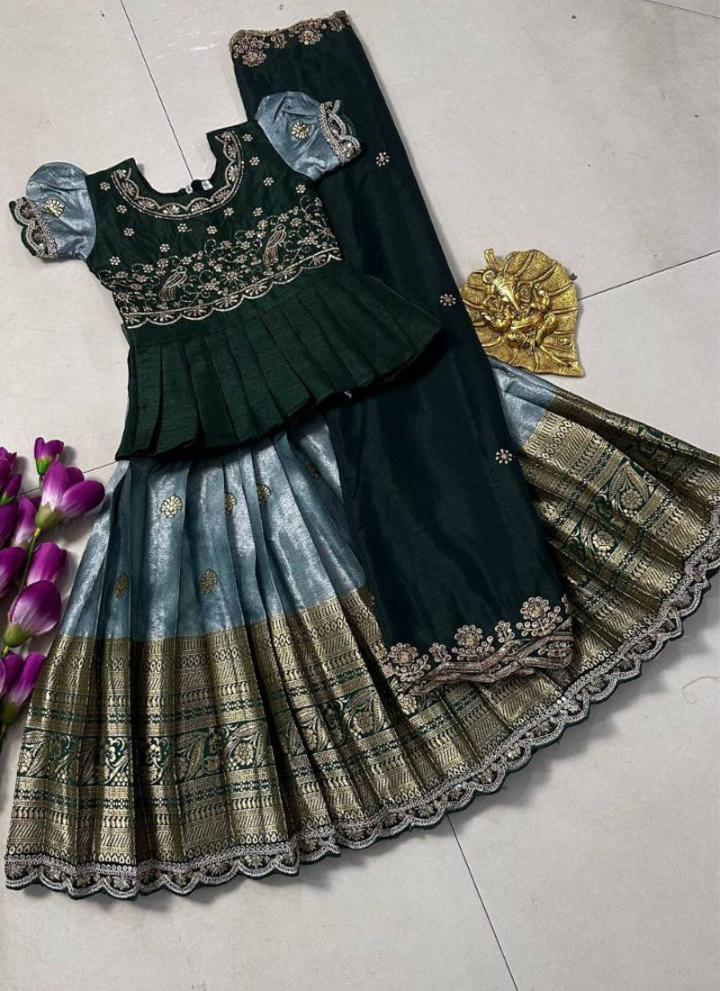 Evanik Kids Seagreen Simmer Silk Zari Weaving Pavadai Lehenga Choli Set | Grocsy