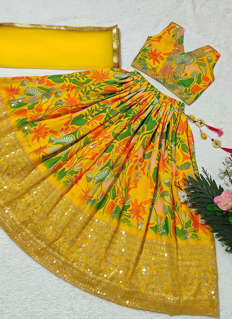 Evanik Yellow Georgette Digital Printed Wedding Kids Lehenga Choli | Grocsy
