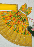 Evanik Yellow Georgette Digital Printed Wedding Kids Lehenga Choli | Grocsy