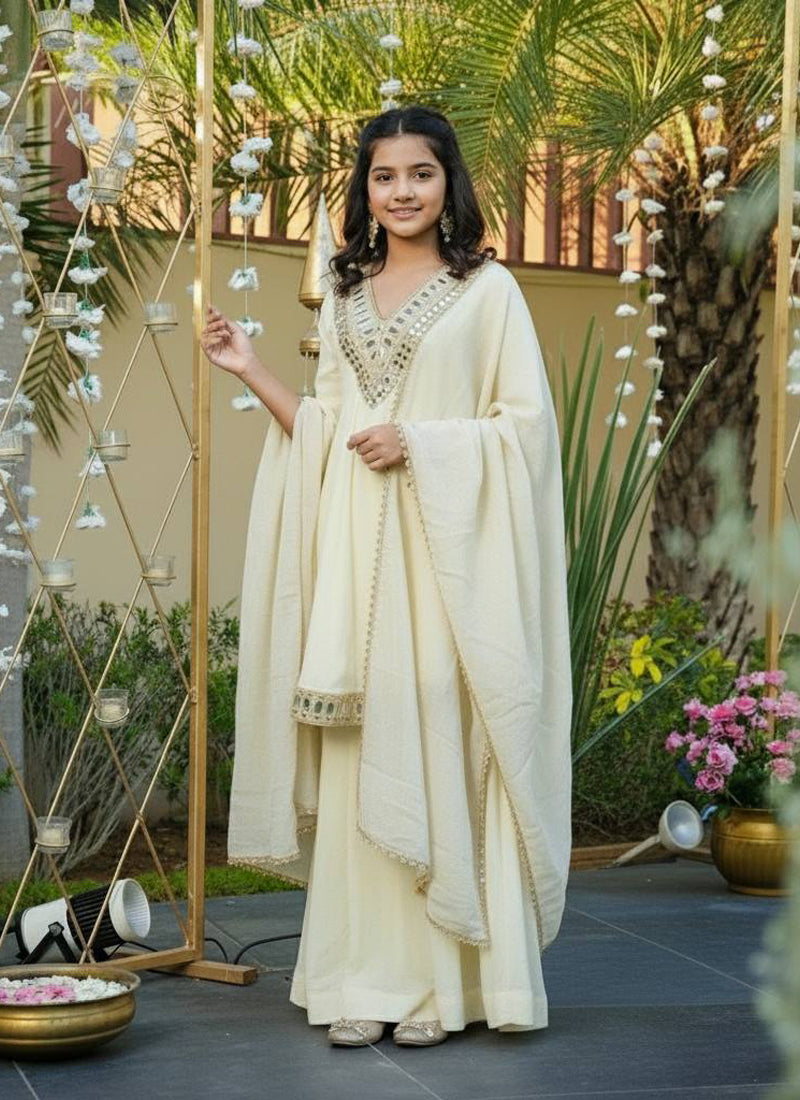 Evanik Beige Heavy Cosmos Zari Silk Real Mirror Work Kids Sharara Set | Grocsy