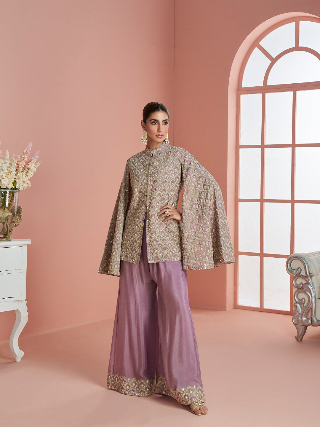 Evanik Women Mauve & Gold Printed Cape Style Kurta With Flared Palazzo Pants | Grocsy