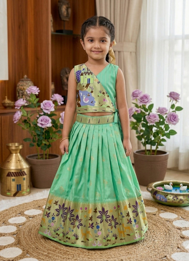 Evanik Green Soft Silk Paithani Design Zari Weaving Pavadai Lehenga Choli For Kids | Grocsy