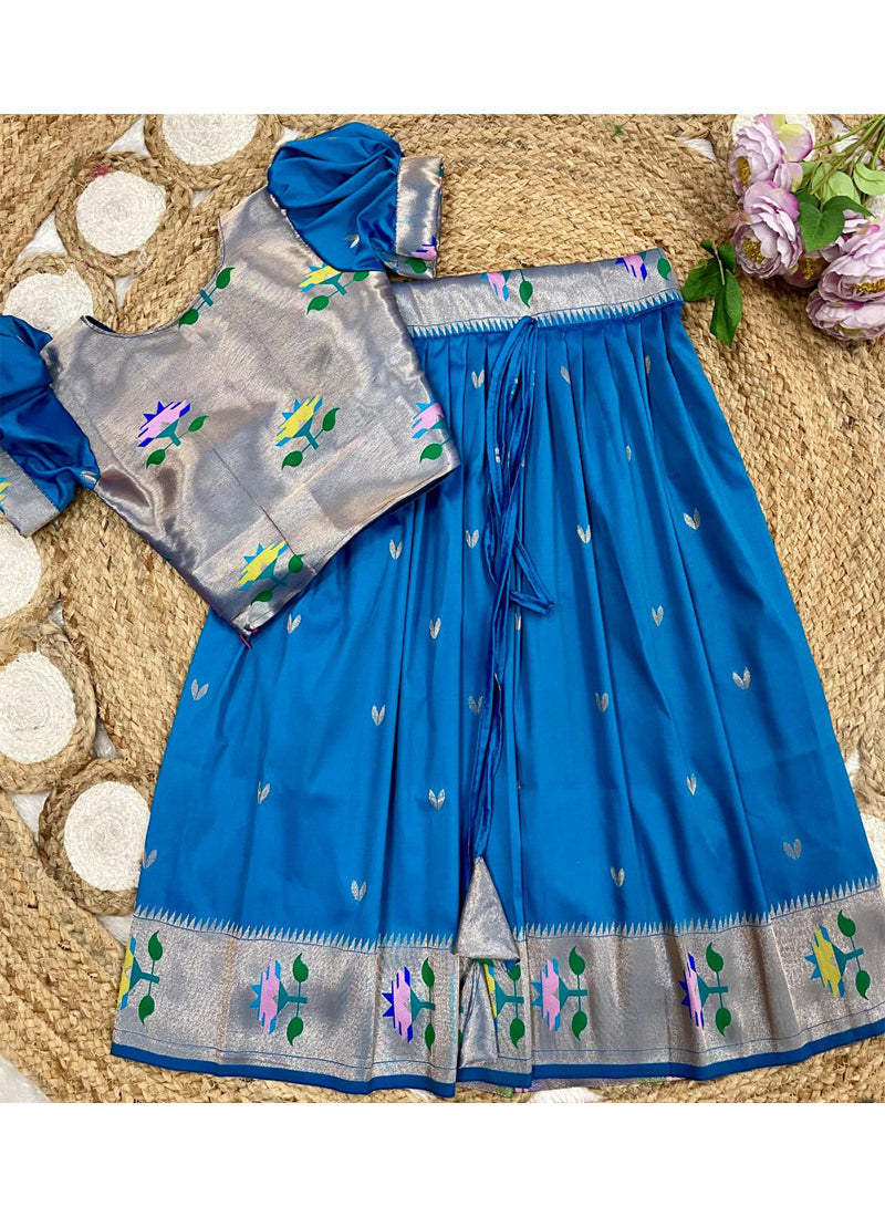 Evanik Blue Soft Silk Paithani Design Zari Weaving Pavadai Lehenga Choli For Kids | Grocsy